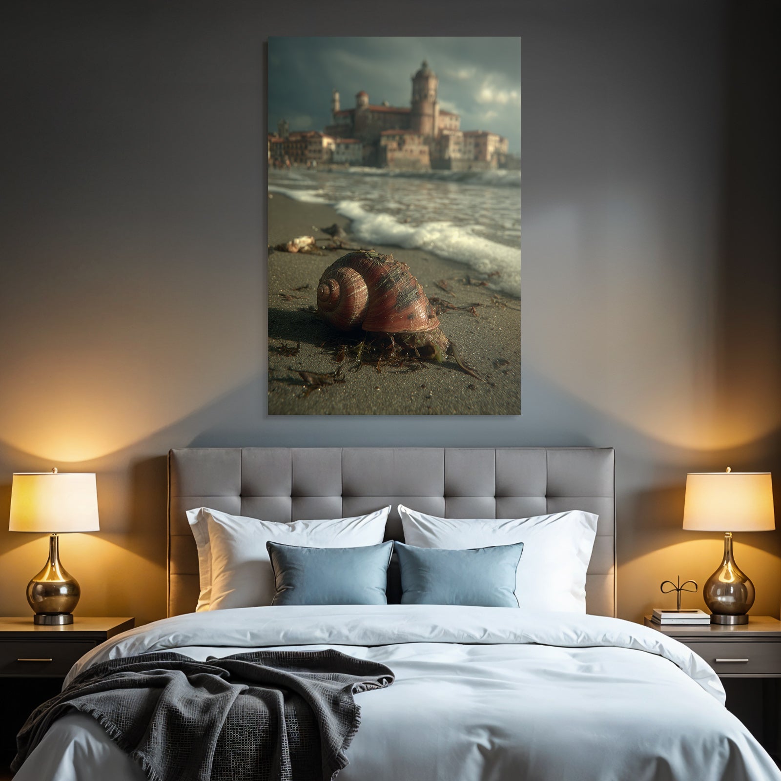 Large bowl and beach with castle in the background, sea and dramatic sky