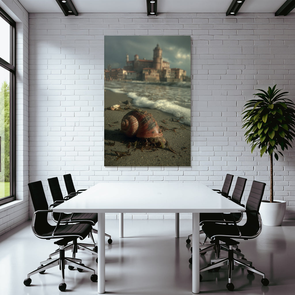 Large bowl and beach with castle in the background, sea and dramatic sky