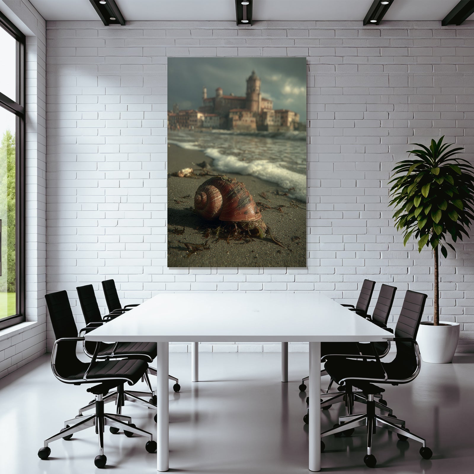 Large bowl and beach with castle in the background, sea and dramatic sky