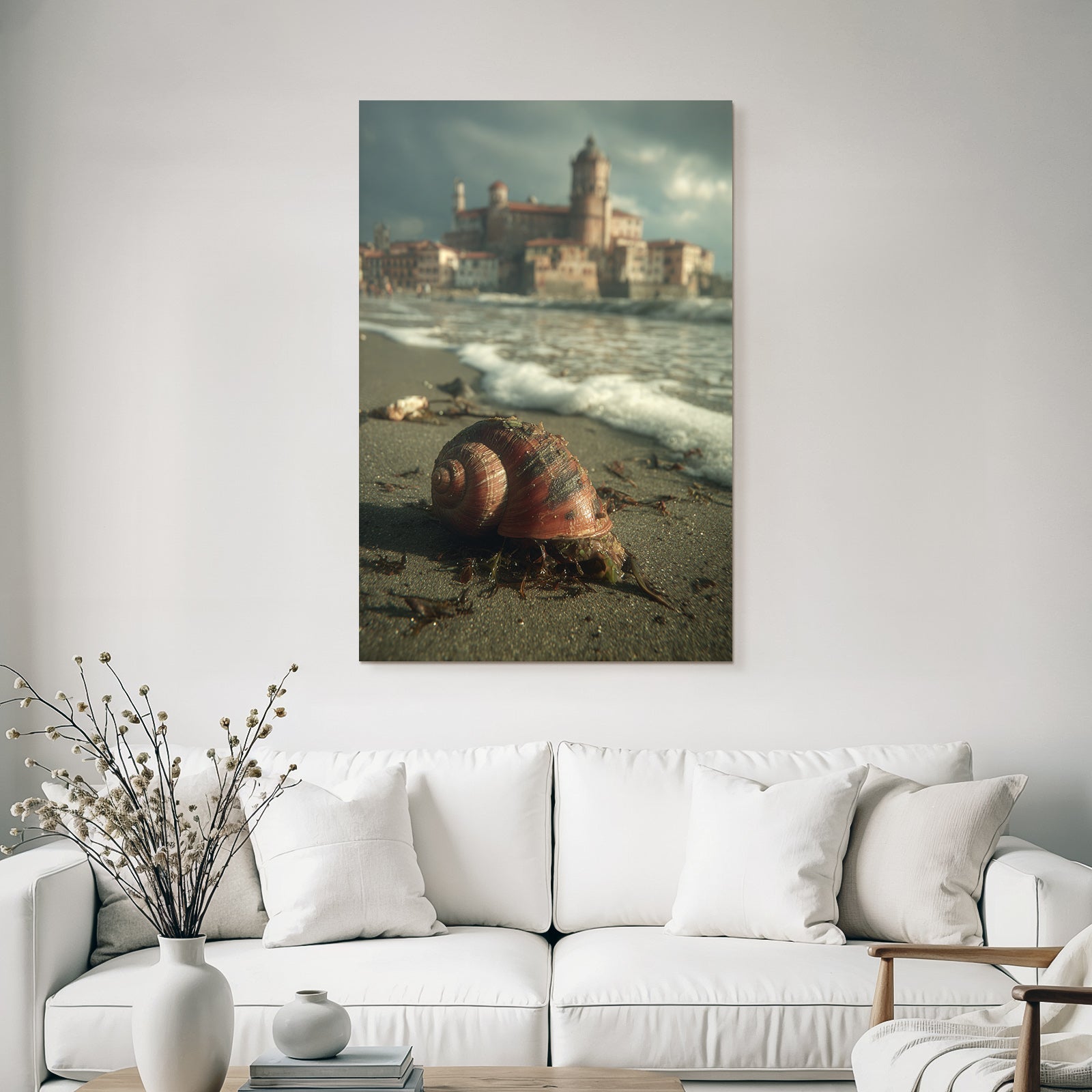 Large bowl and beach with castle in the background, sea and dramatic sky
