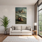 Large bowl and beach with castle in the background, sea and dramatic sky
