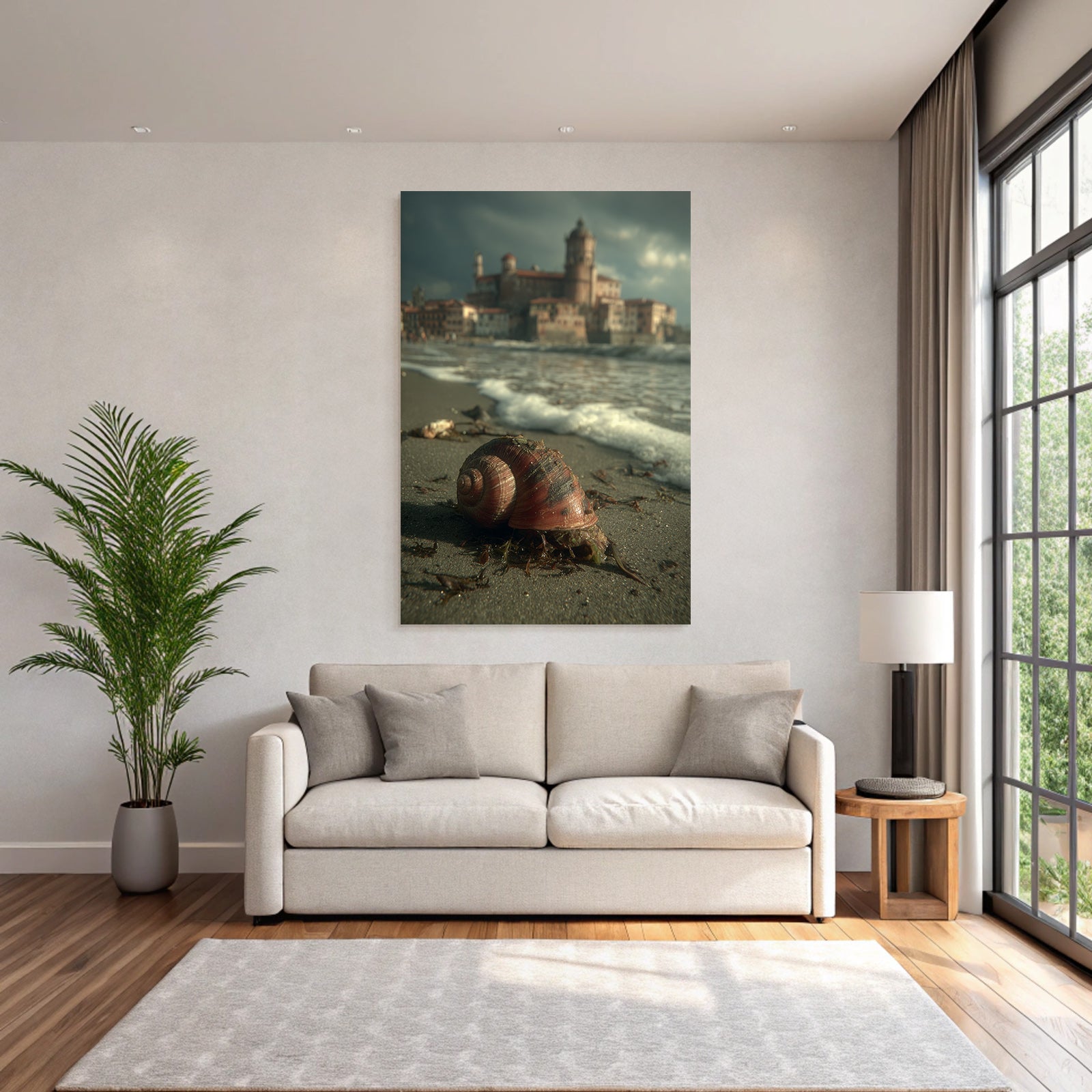 Large bowl and beach with castle in the background, sea and dramatic sky
