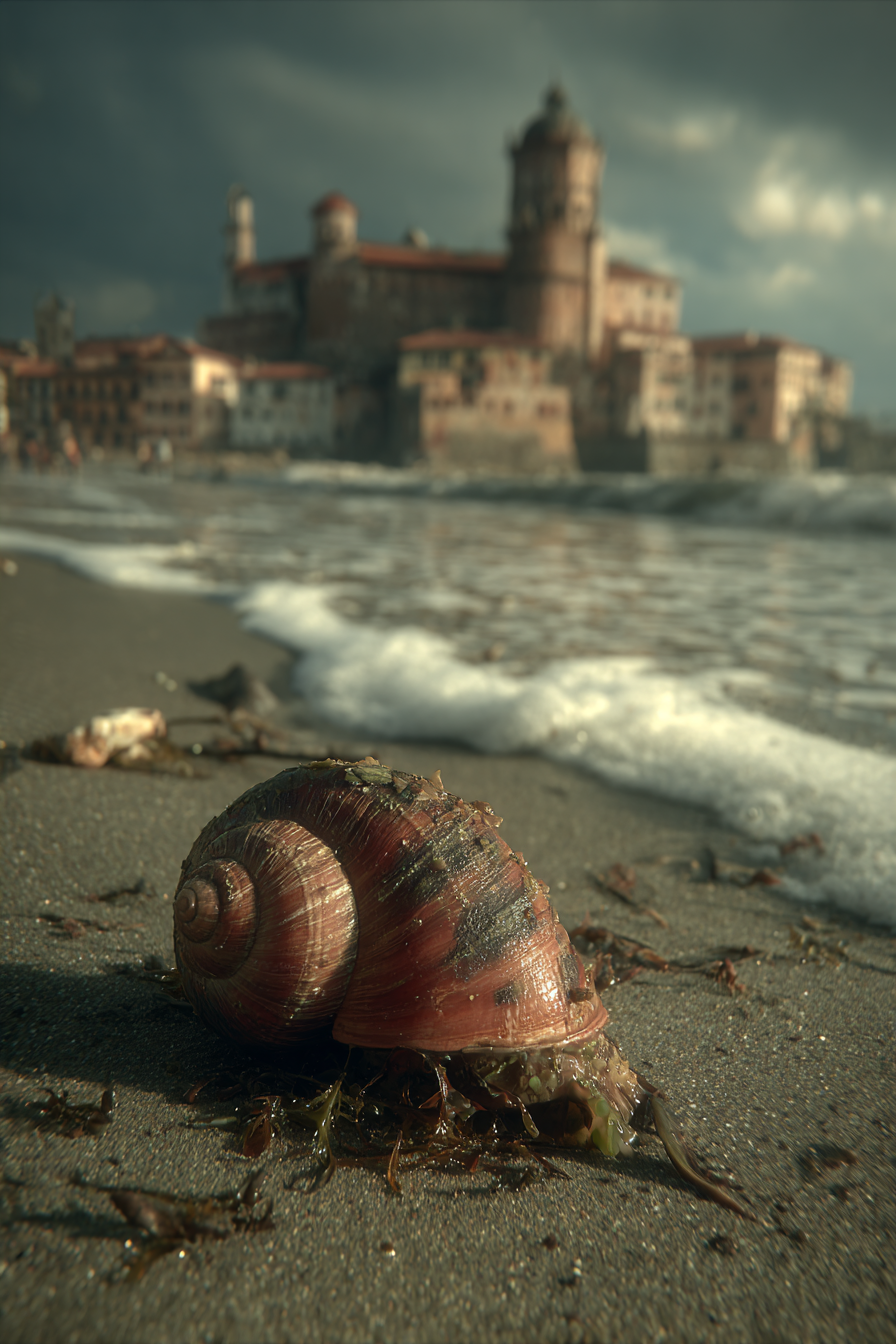 Grosse Schale Und Strand Mit Burg Im Hintergrund Meer Und Dramatischem Himmel | Scloesser und Burgen | Architektur
