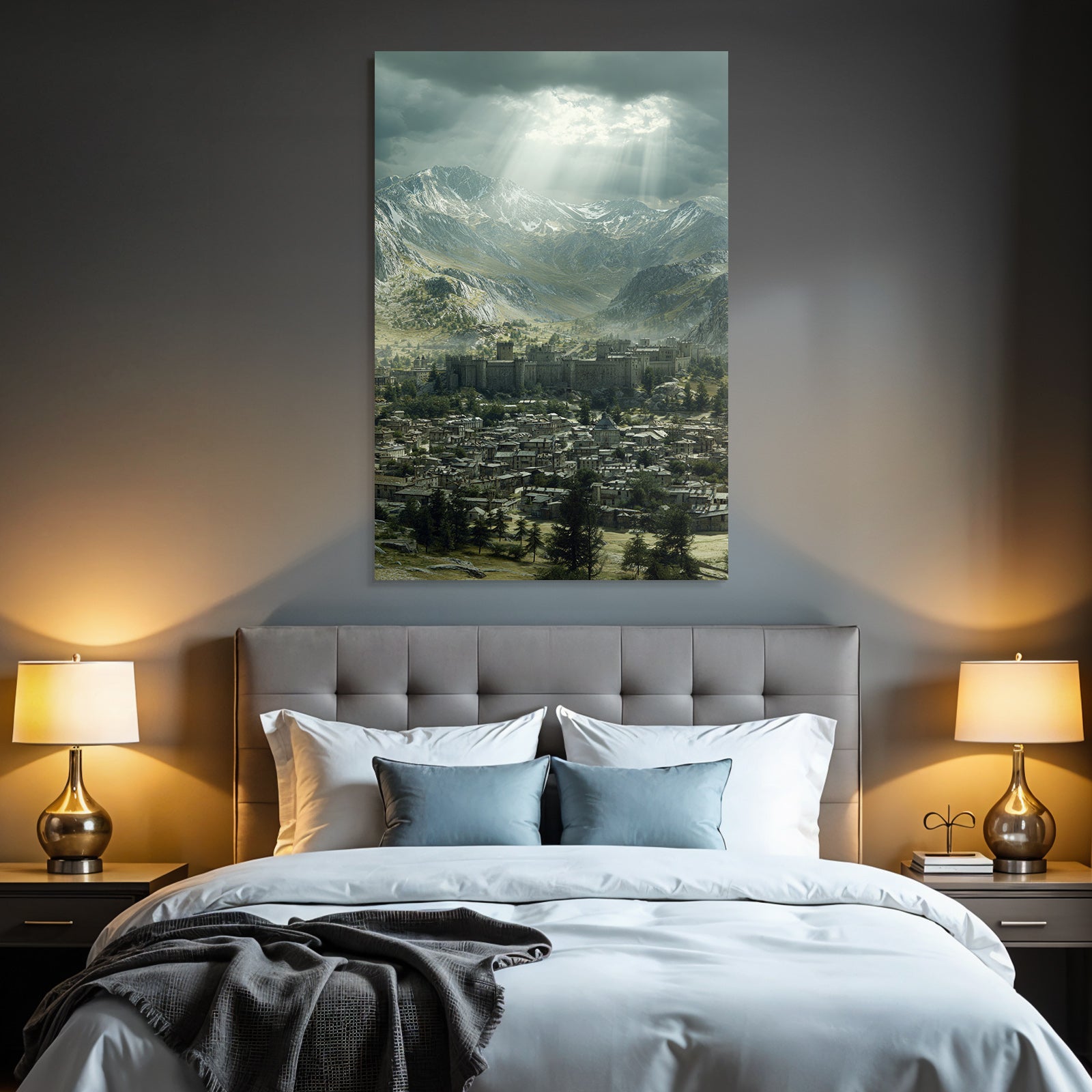 Majestic castle in the background of mountains with houses in the valley