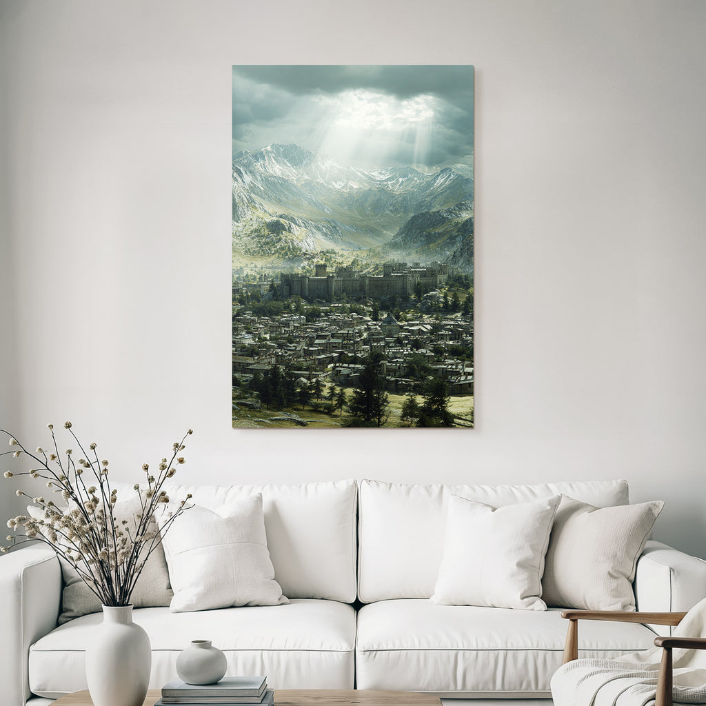 Majestic castle in the background of mountains with houses in the valley