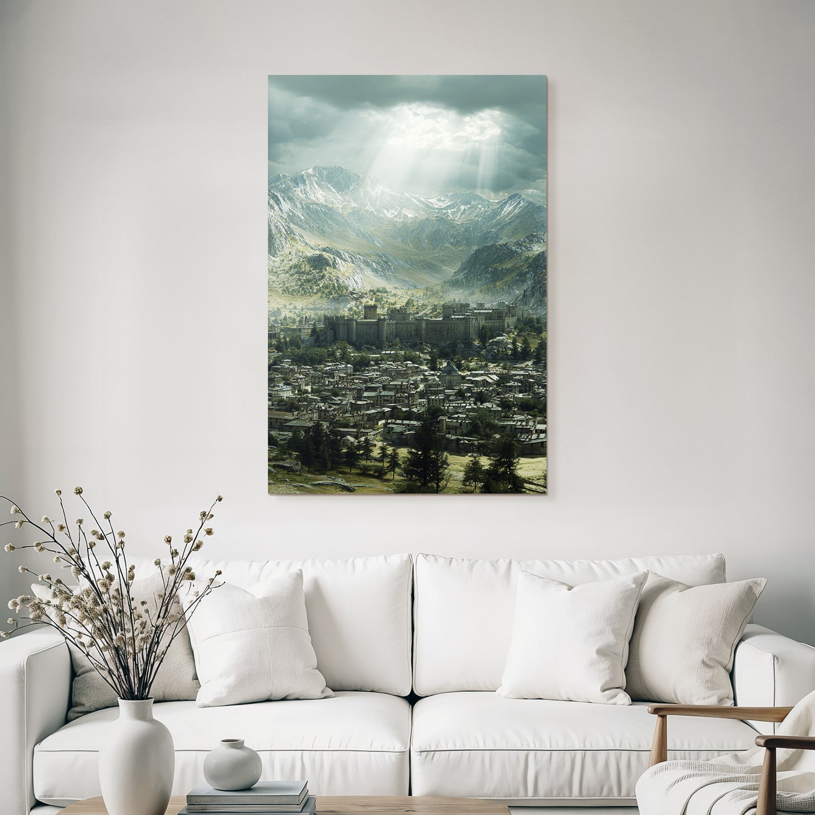 Majestic castle in the background of mountains with houses in the valley