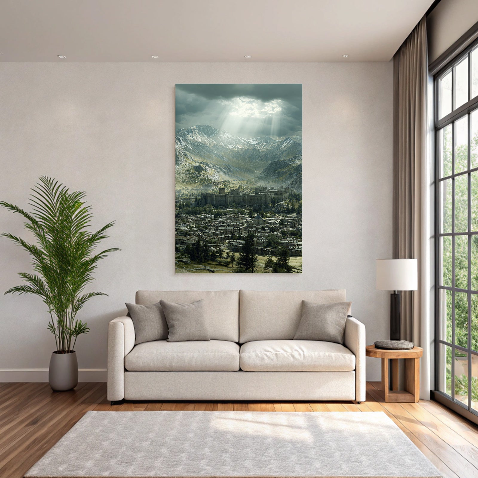 Majestic castle in the background of mountains with houses in the valley