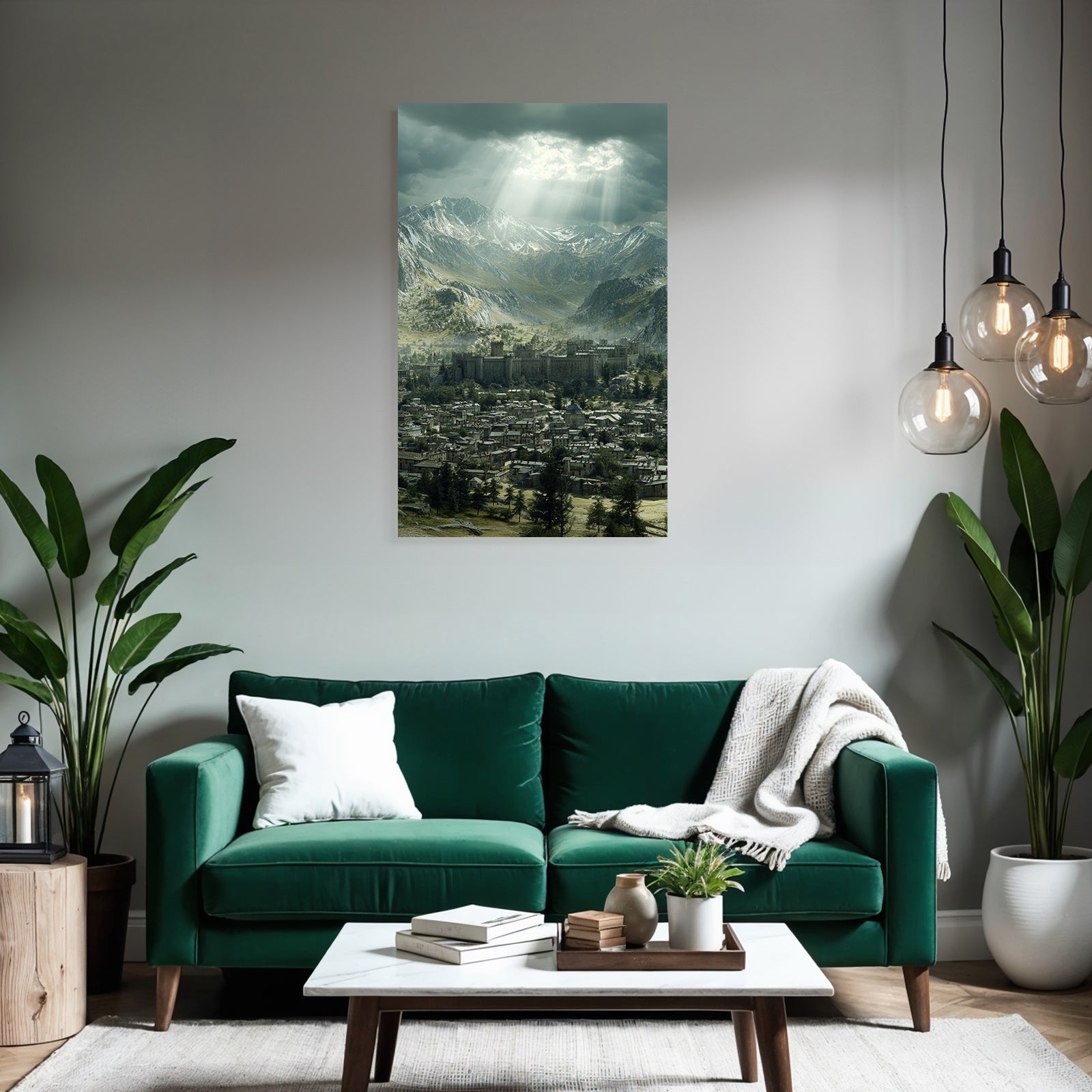 Majestic castle in the background of mountains with houses in the valley