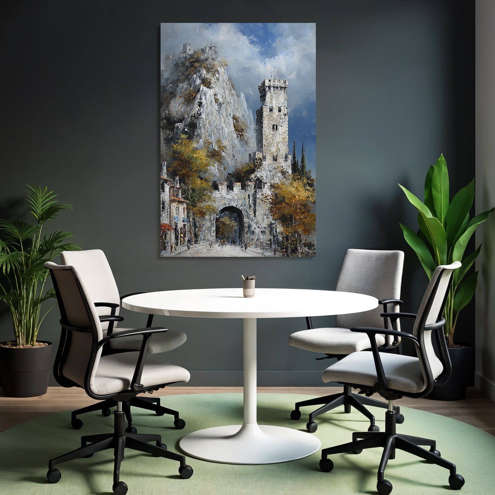 Painting Picturesque Landscape With Stone Tower Rocks Hills Autumn Leaves
