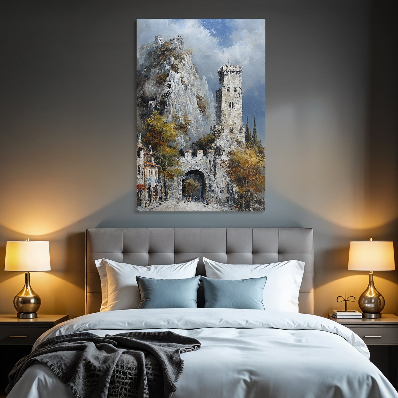 Painting Picturesque Landscape With Stone Tower Rocks Hills Autumn Leaves