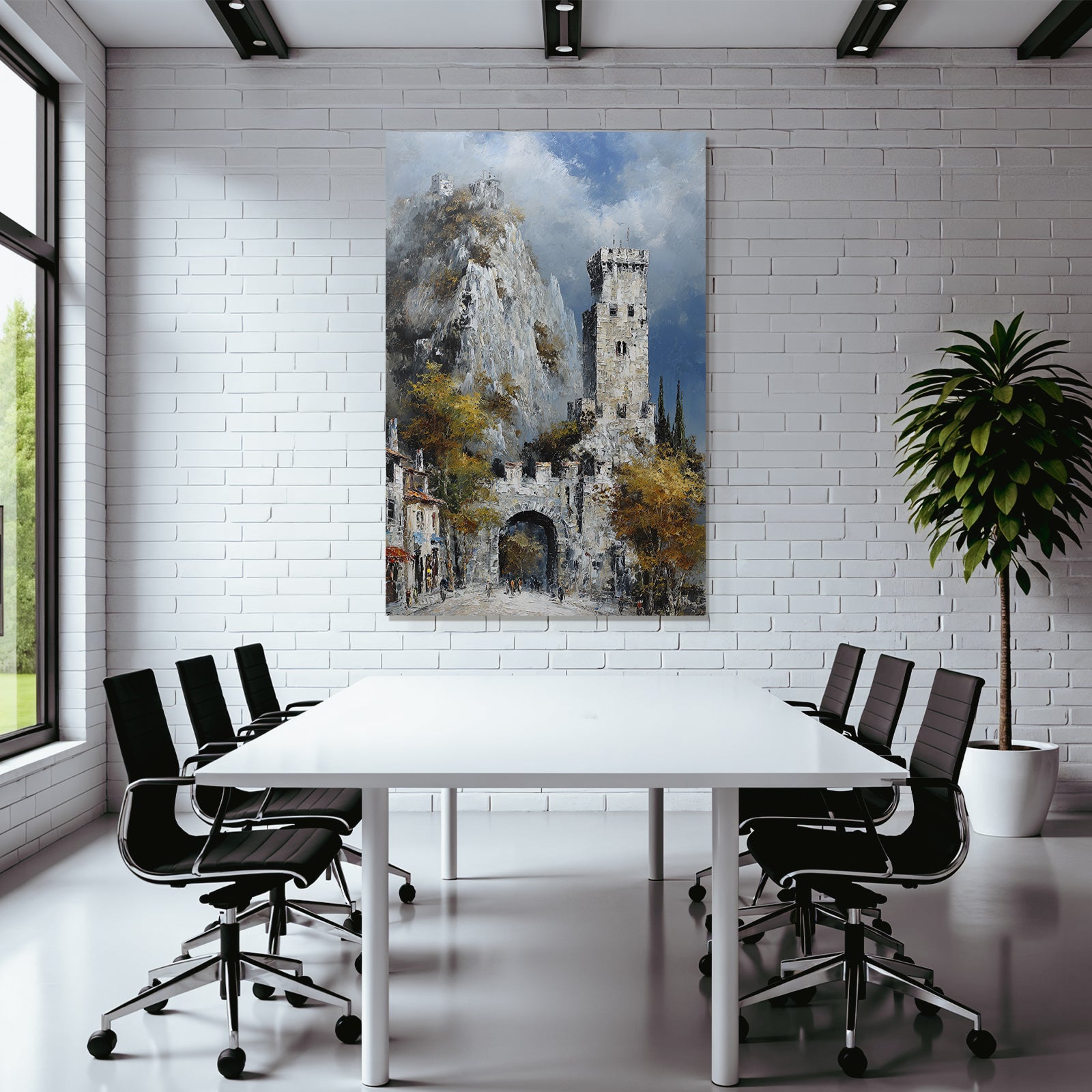 Painting Picturesque Landscape With Stone Tower Rocks Hills Autumn Leaves