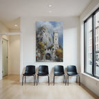 Painting Picturesque Landscape With Stone Tower Rocks Hills Autumn Leaves
