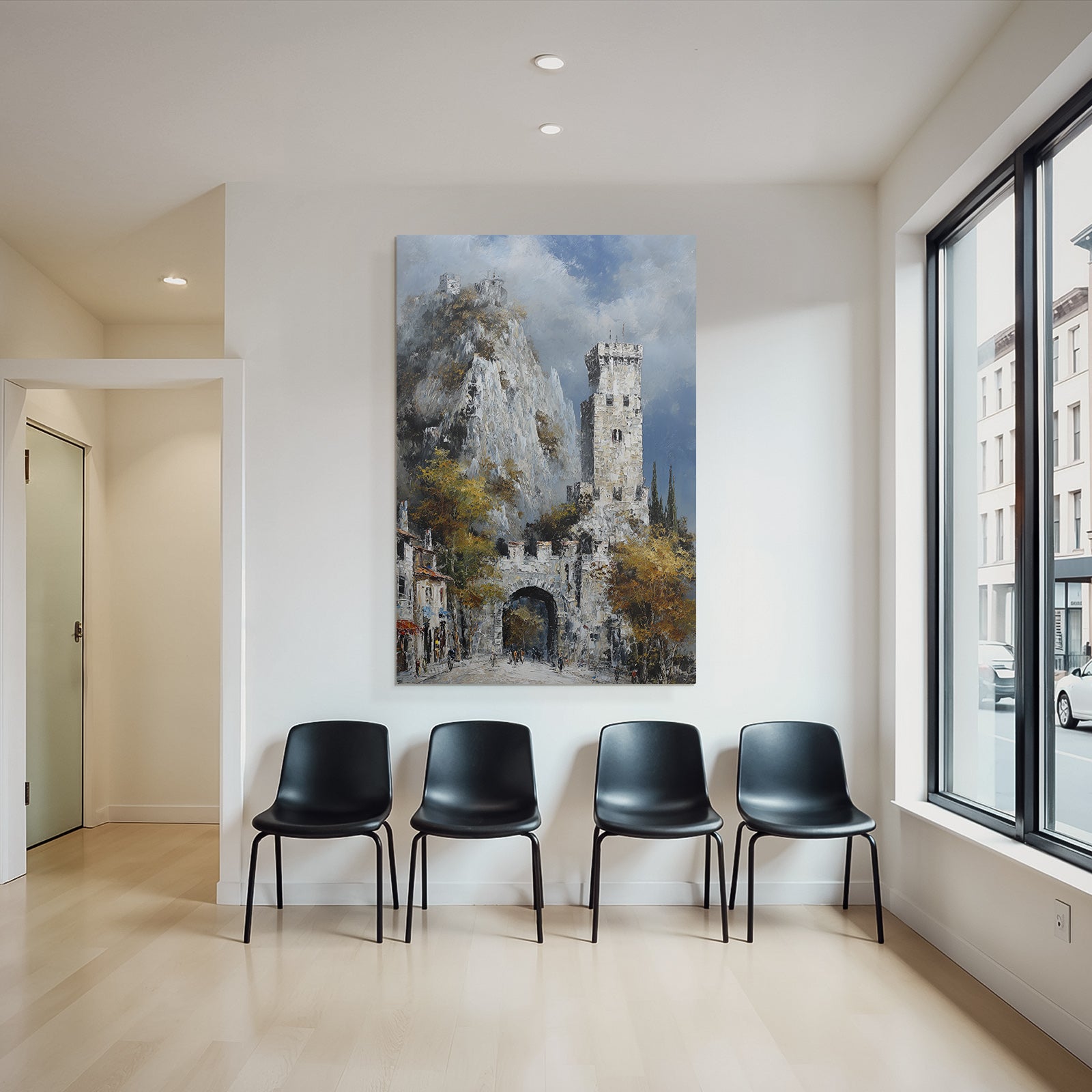 Painting Picturesque Landscape With Stone Tower Rocks Hills Autumn Leaves
