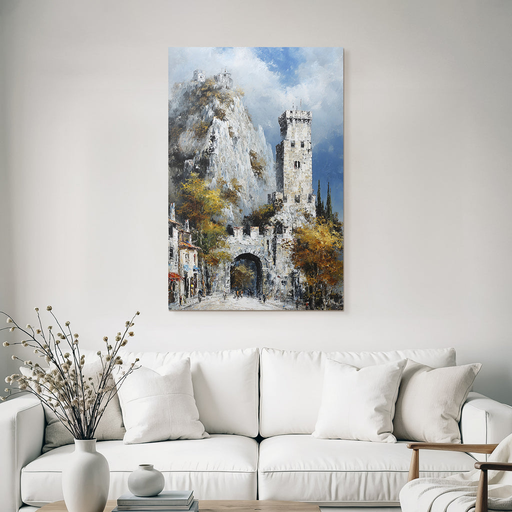 Painting Picturesque Landscape With Stone Tower Rocks Hills Autumn Leaves