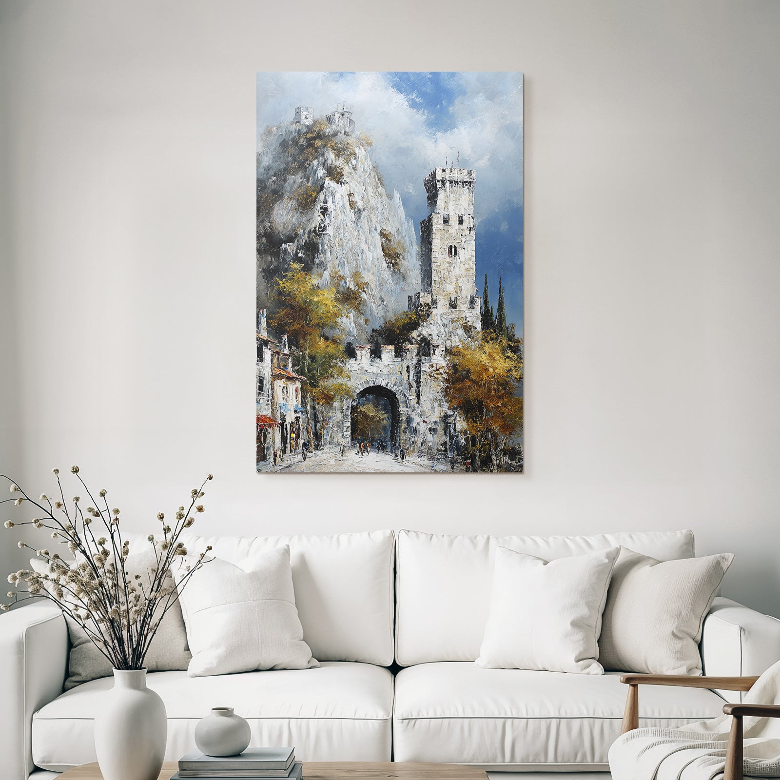 Painting Picturesque Landscape With Stone Tower Rocks Hills Autumn Leaves