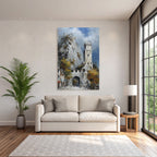 Painting Picturesque Landscape With Stone Tower Rocks Hills Autumn Leaves