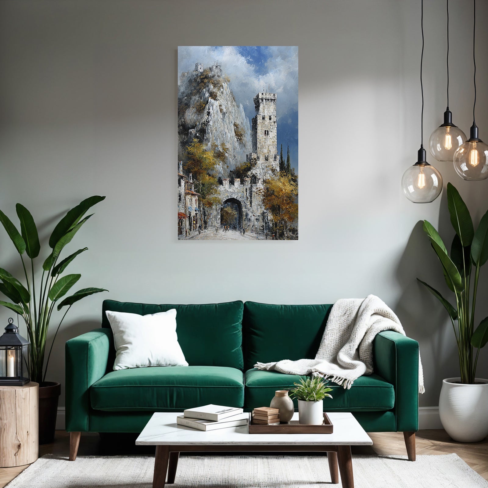 Painting Picturesque Landscape With Stone Tower Rocks Hills Autumn Leaves