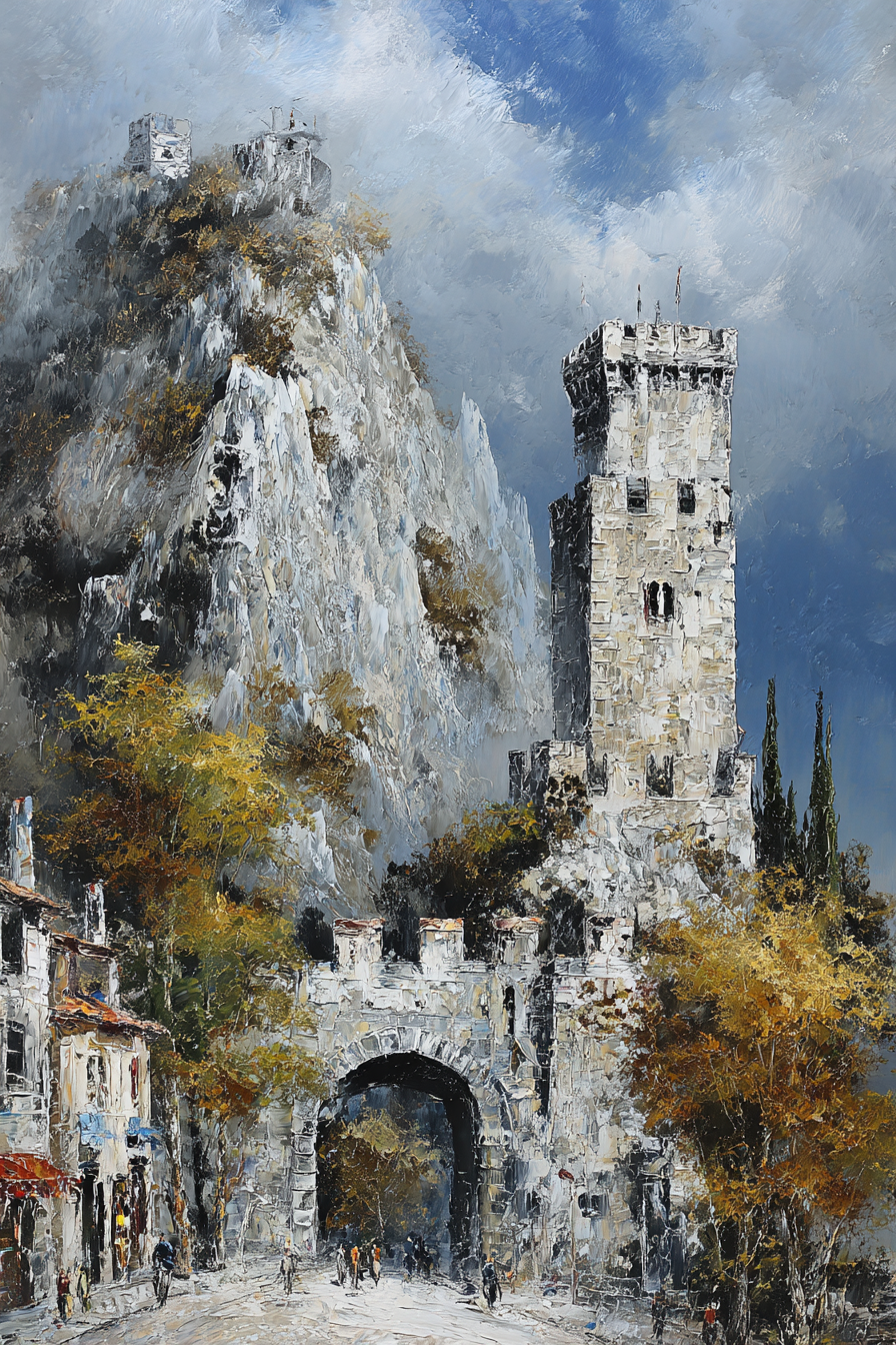 Malerei Pittoreske Landschaft Mit Steinernen Turm Felsen Hügel Herbstlaub | Scloesser und Burgen | Architektur