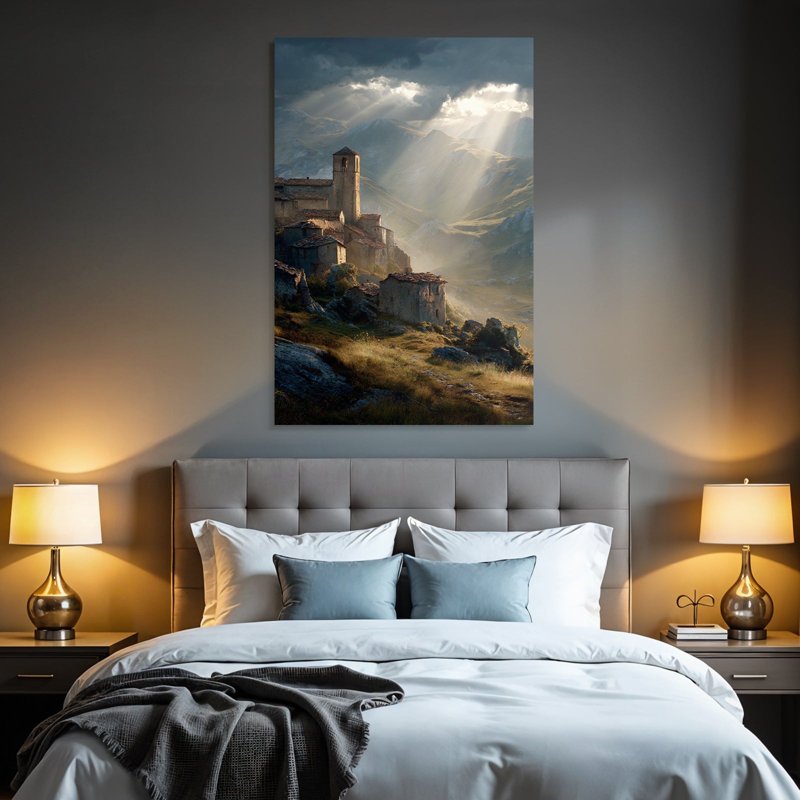 Picturesque landscape Old village Castle Background Mountains Tranquility