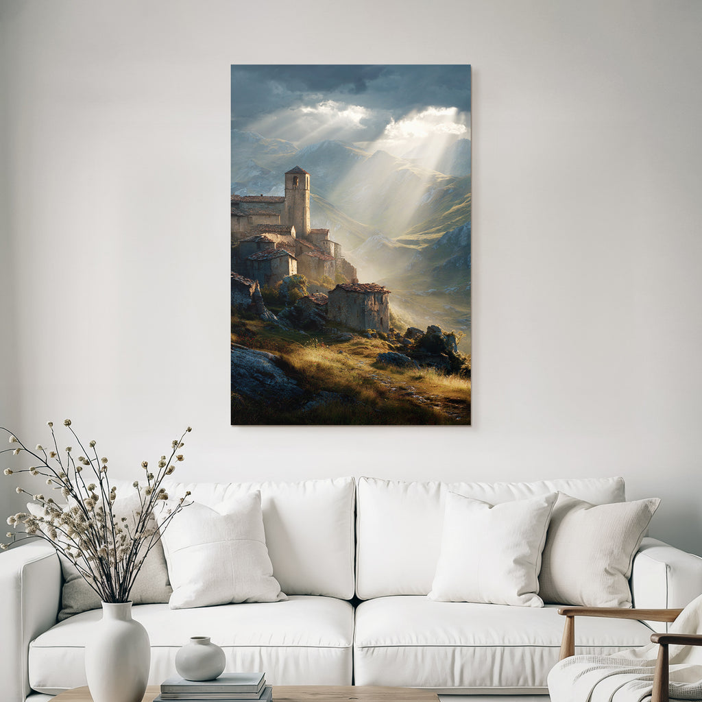 Picturesque landscape Old village Castle Background Mountains Tranquility