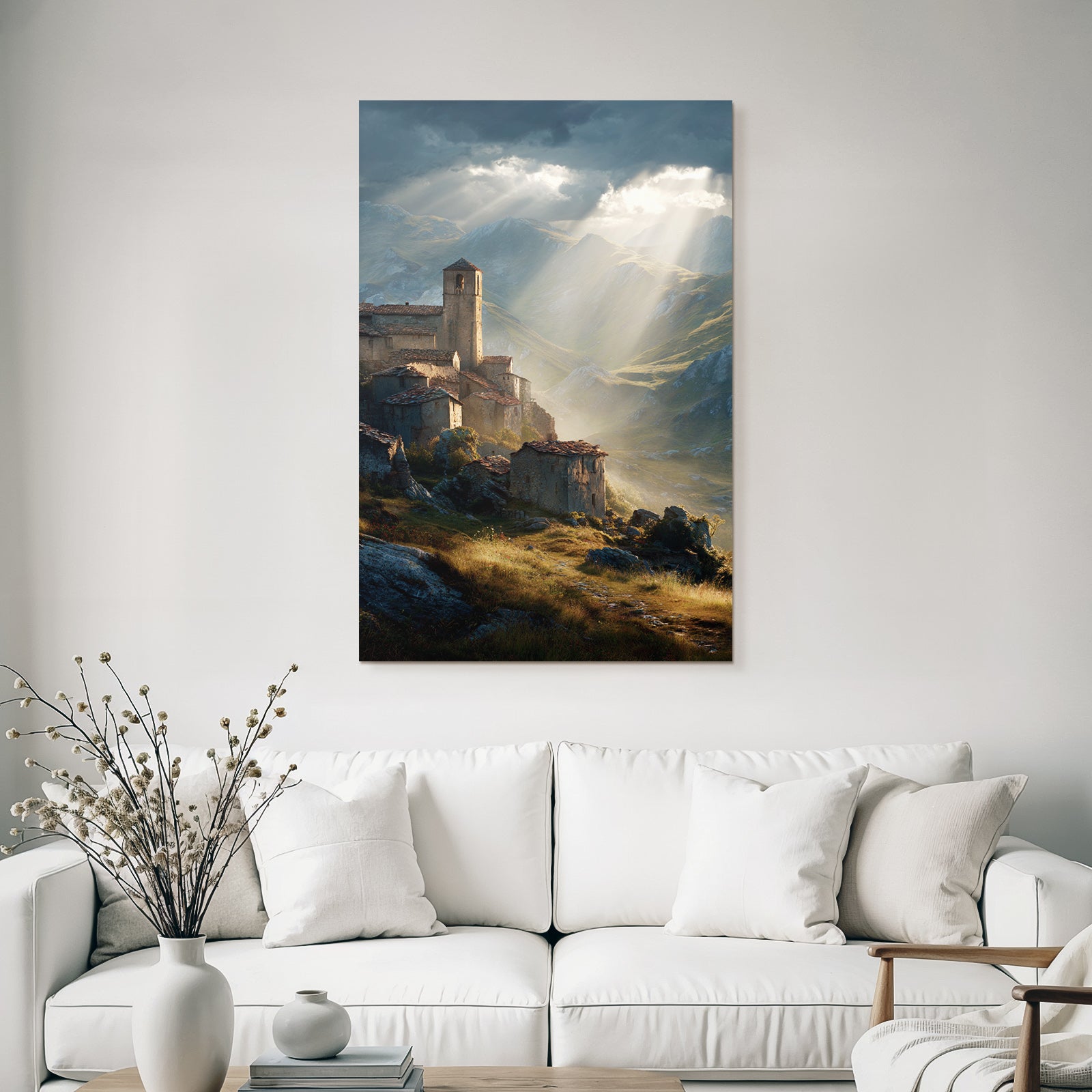 Picturesque landscape Old village Castle Background Mountains Tranquility