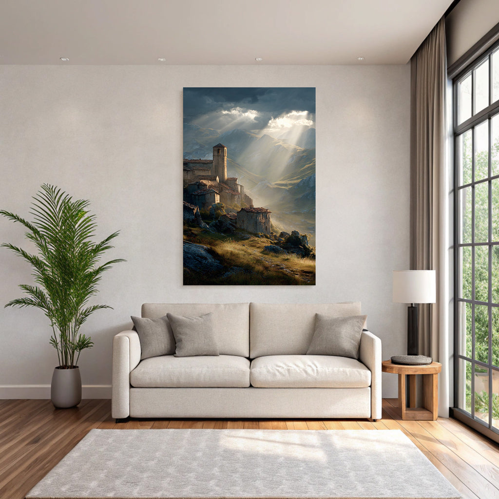Picturesque landscape Old village Castle Background Mountains Tranquility
