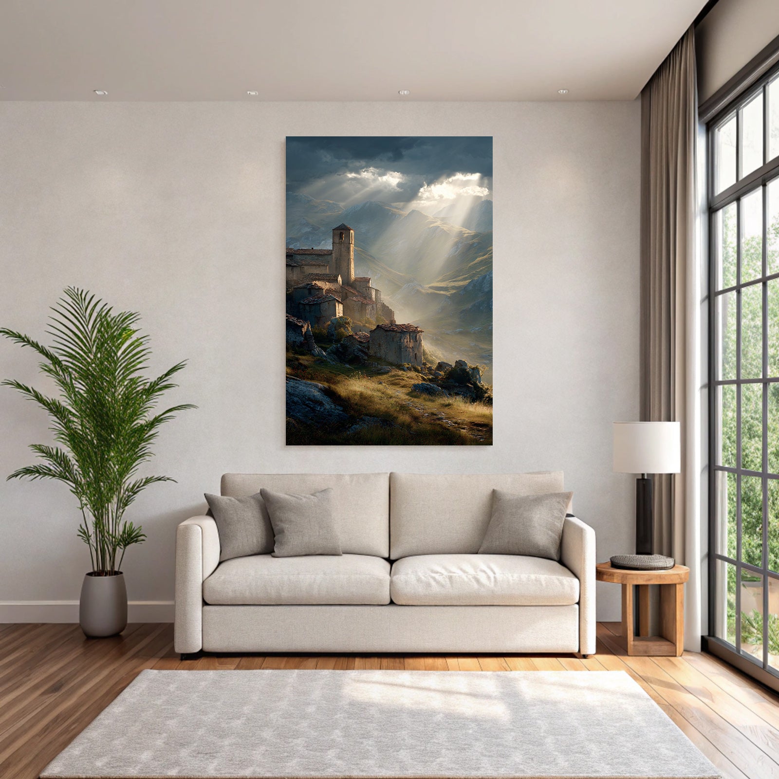 Picturesque landscape Old village Castle Background Mountains Tranquility