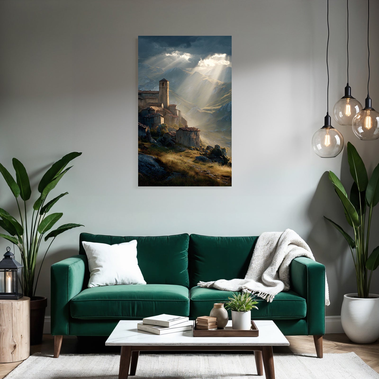 Picturesque landscape Old village Castle Background Mountains Tranquility