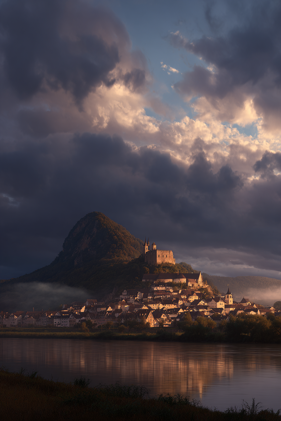 Malerische Landschaft Dorf Am Fluss Burg Auf Hügel Dramatischer Himmel | Scloesser und Burgen | Architektur