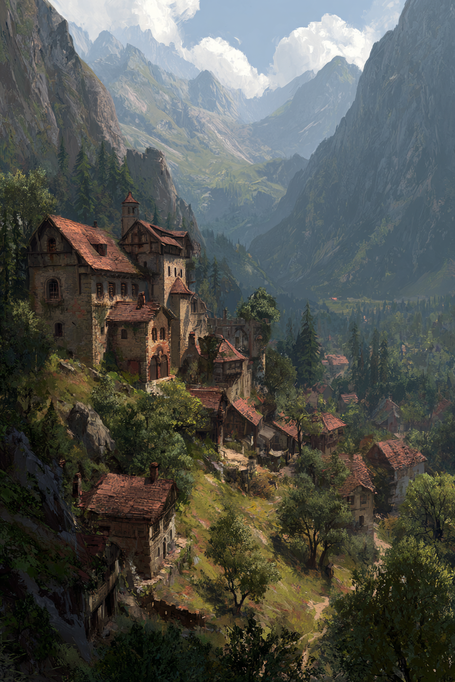 Malerische Landschaft Mountain Village Steingebäude Terrakotta Dächer | Scloesser und Burgen | Architektur