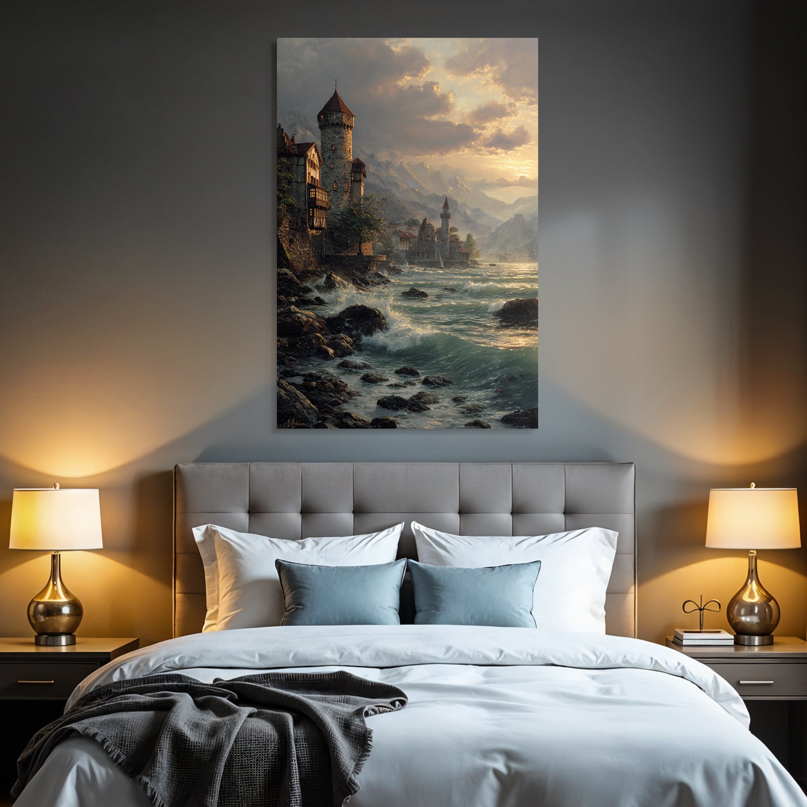 Picturesque lake landscape with castle in the background sunset