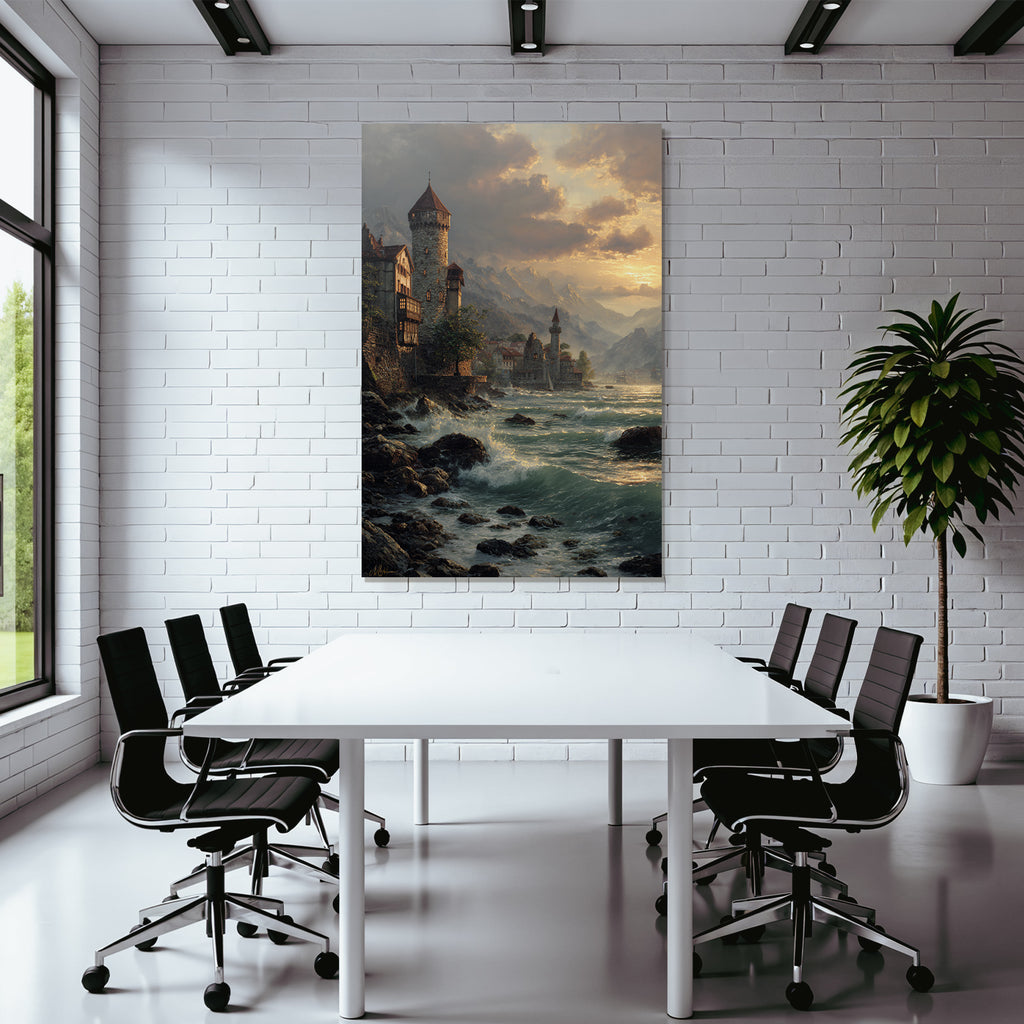 Picturesque lake landscape with castle in the background sunset