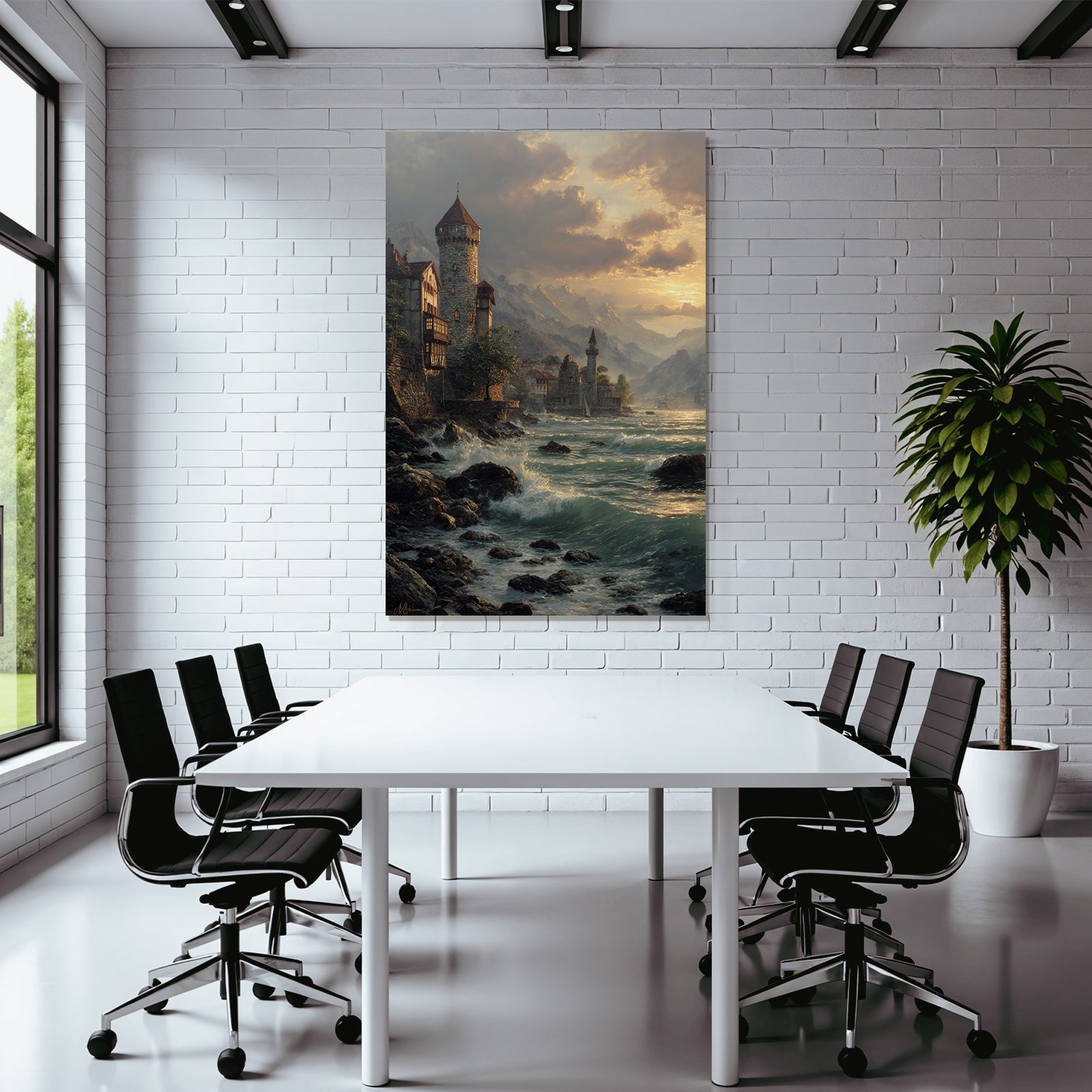 Picturesque lake landscape with castle in the background sunset