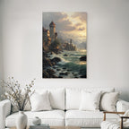 Picturesque lake landscape with castle in the background sunset