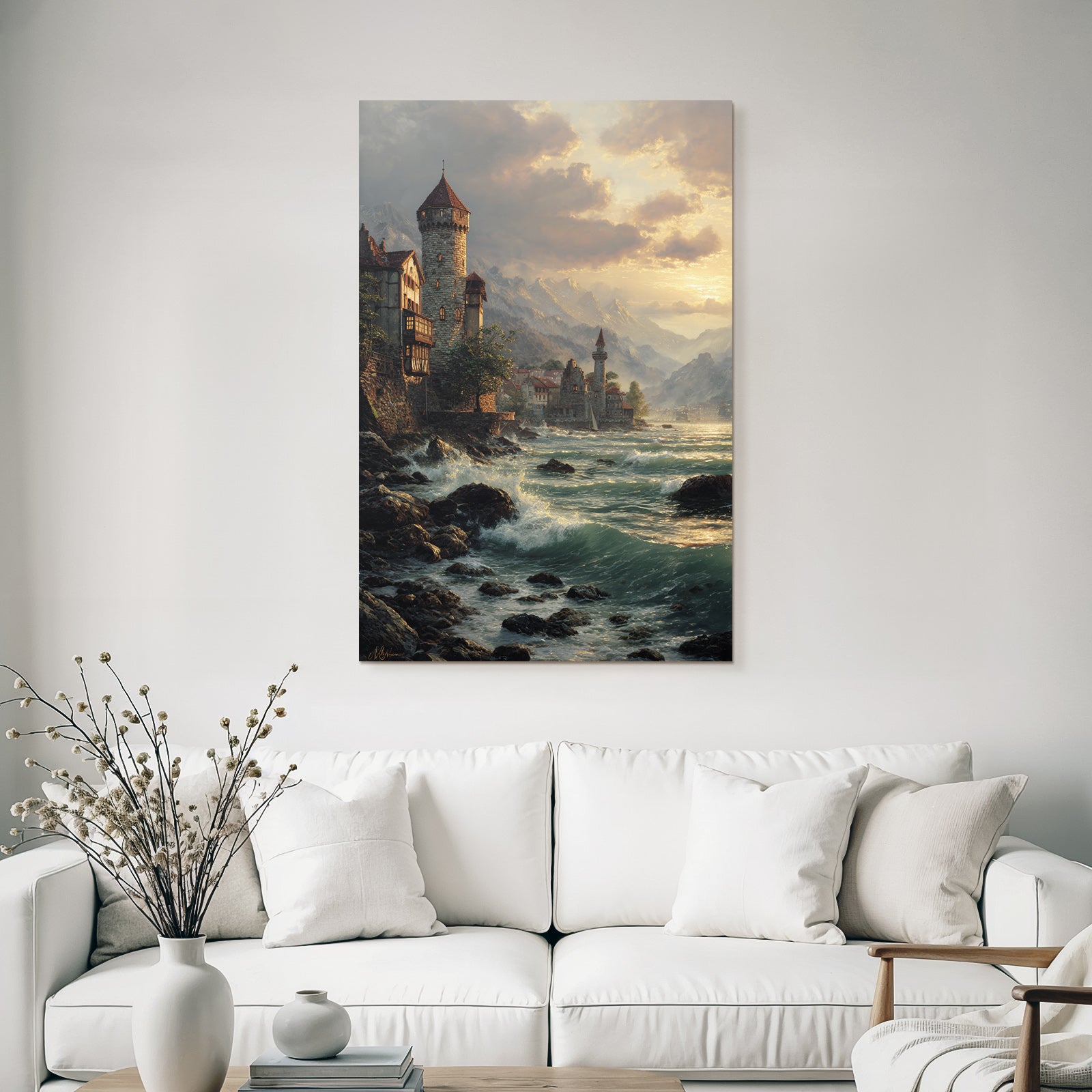 Picturesque lake landscape with castle in the background sunset