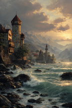 Malerische Seelandschaft Mit Burg Im Hintergrund Sonnenuntergang | Scloesser und Burgen | Architektur