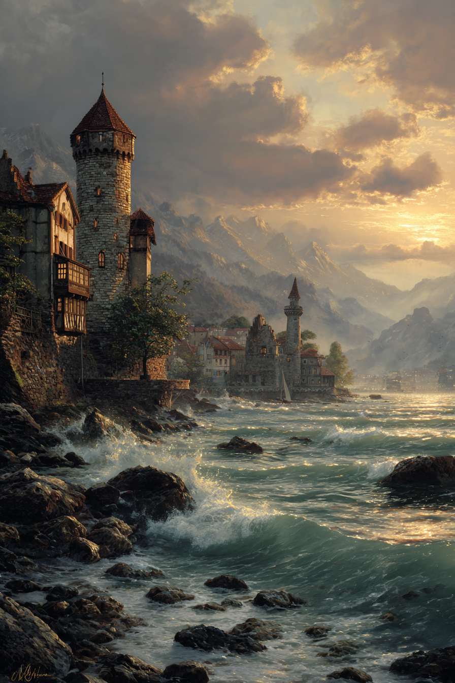 Malerische Seelandschaft Mit Burg Im Hintergrund Sonnenuntergang | Scloesser und Burgen | Architektur