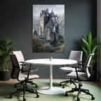 Picturesque castle with peaks surrounded by green landscape