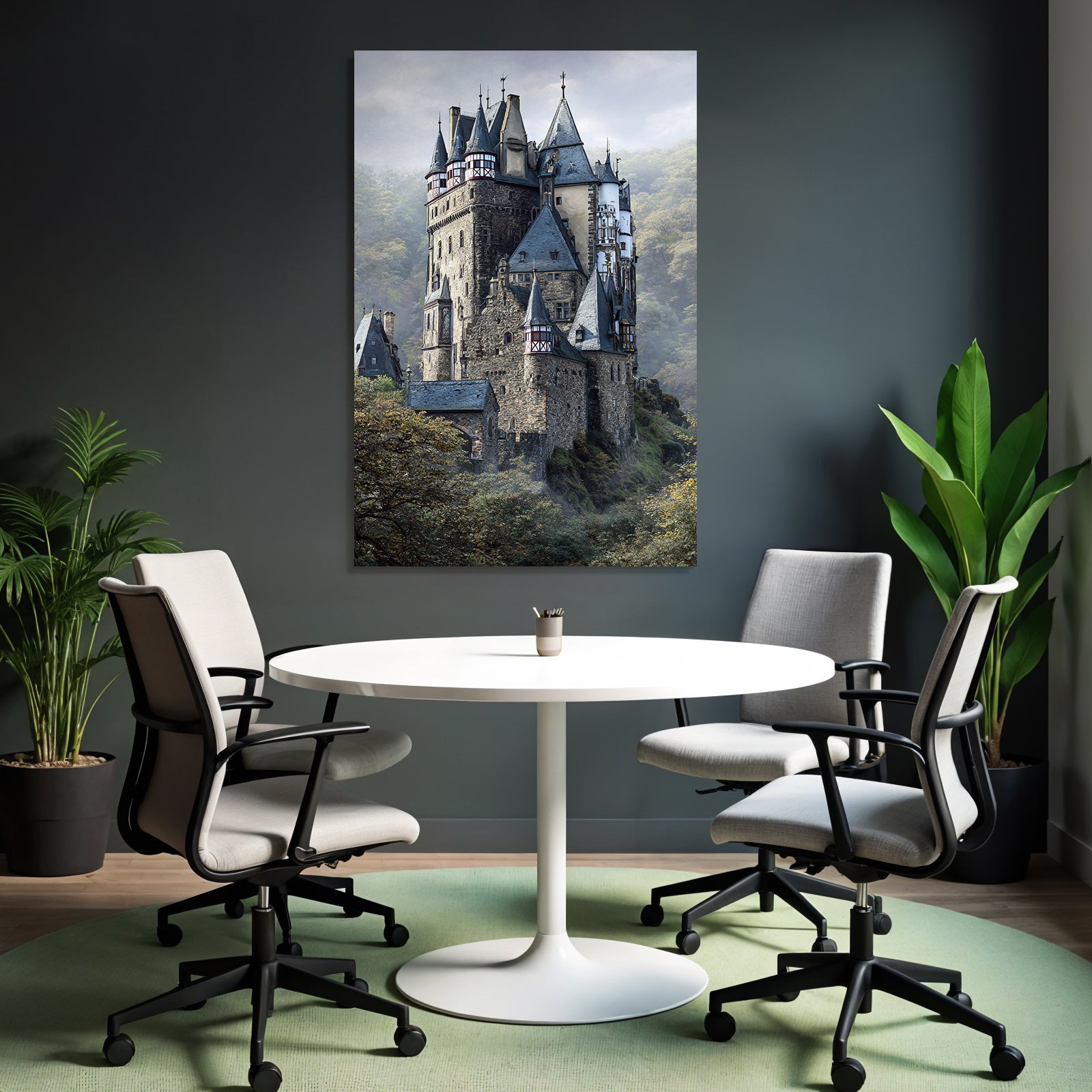 Picturesque castle with peaks surrounded by green landscape