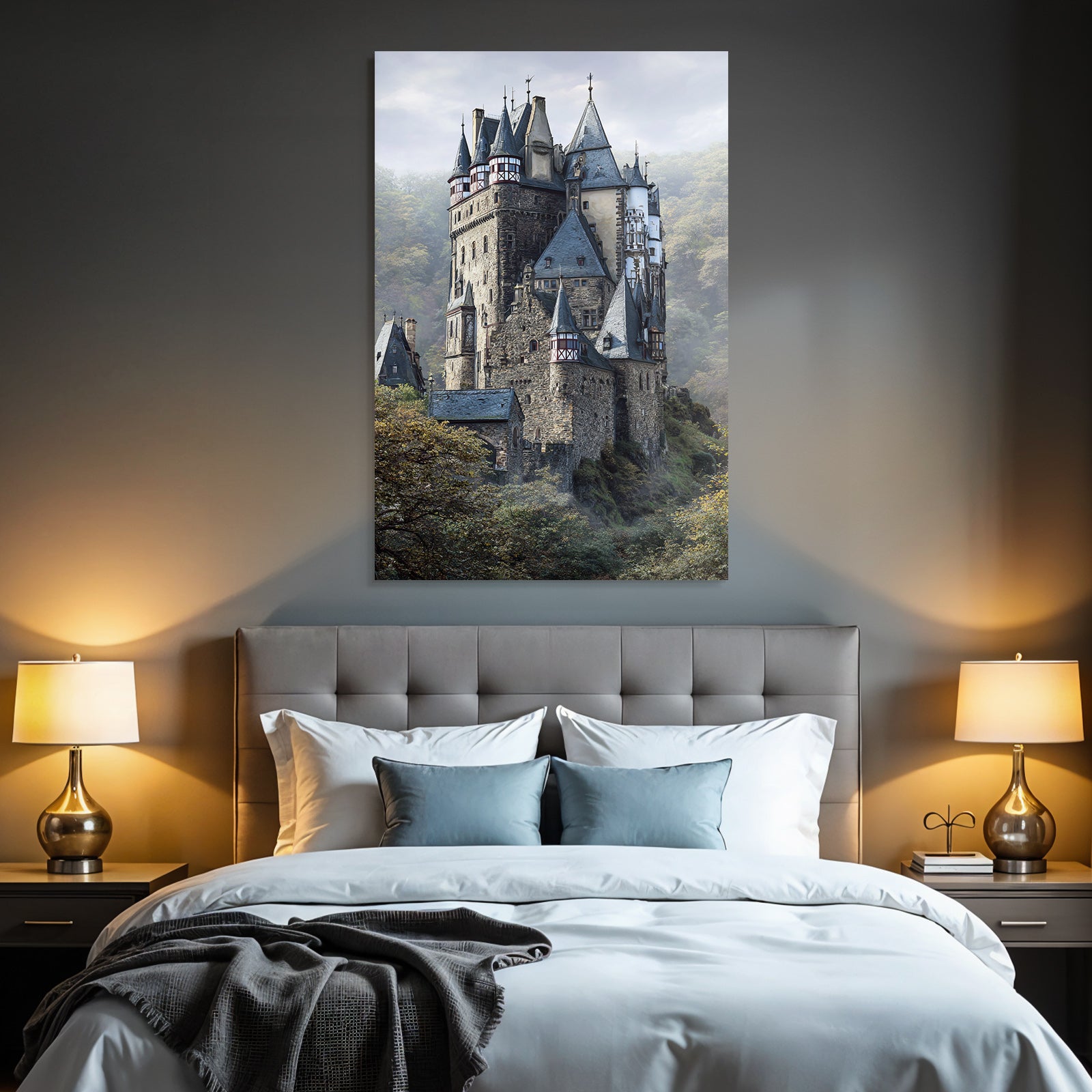 Picturesque castle with peaks surrounded by green landscape