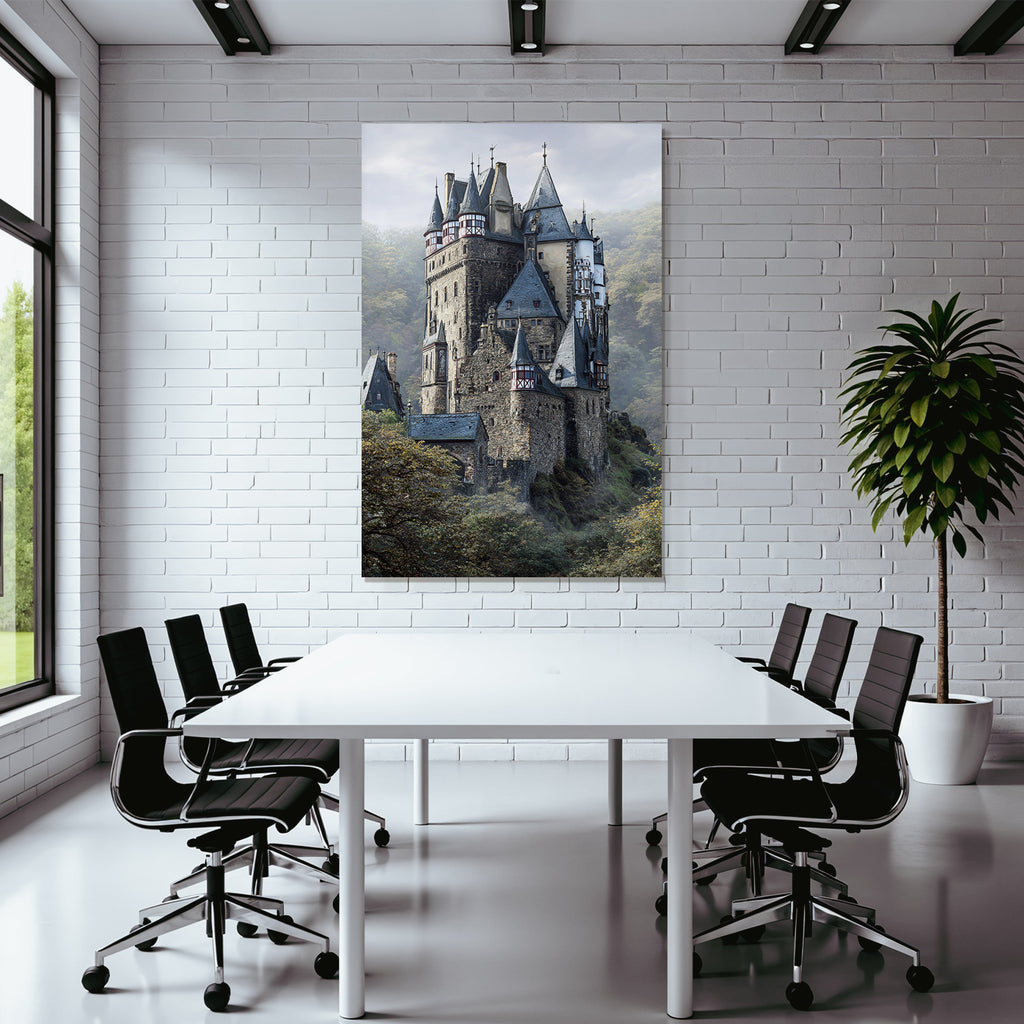 Picturesque castle with peaks surrounded by green landscape