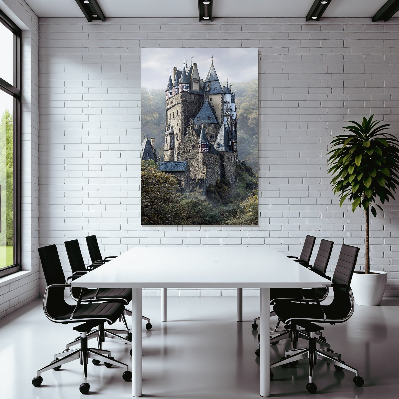 Picturesque castle with peaks surrounded by green landscape