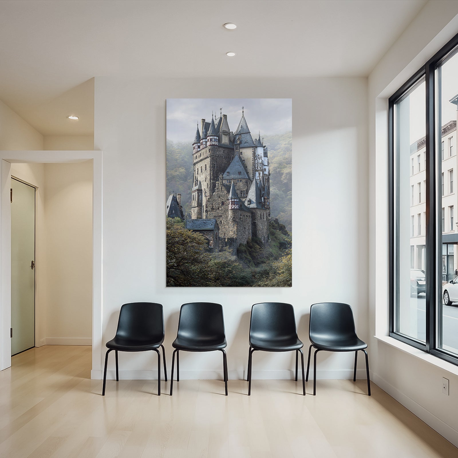 Picturesque castle with peaks surrounded by green landscape