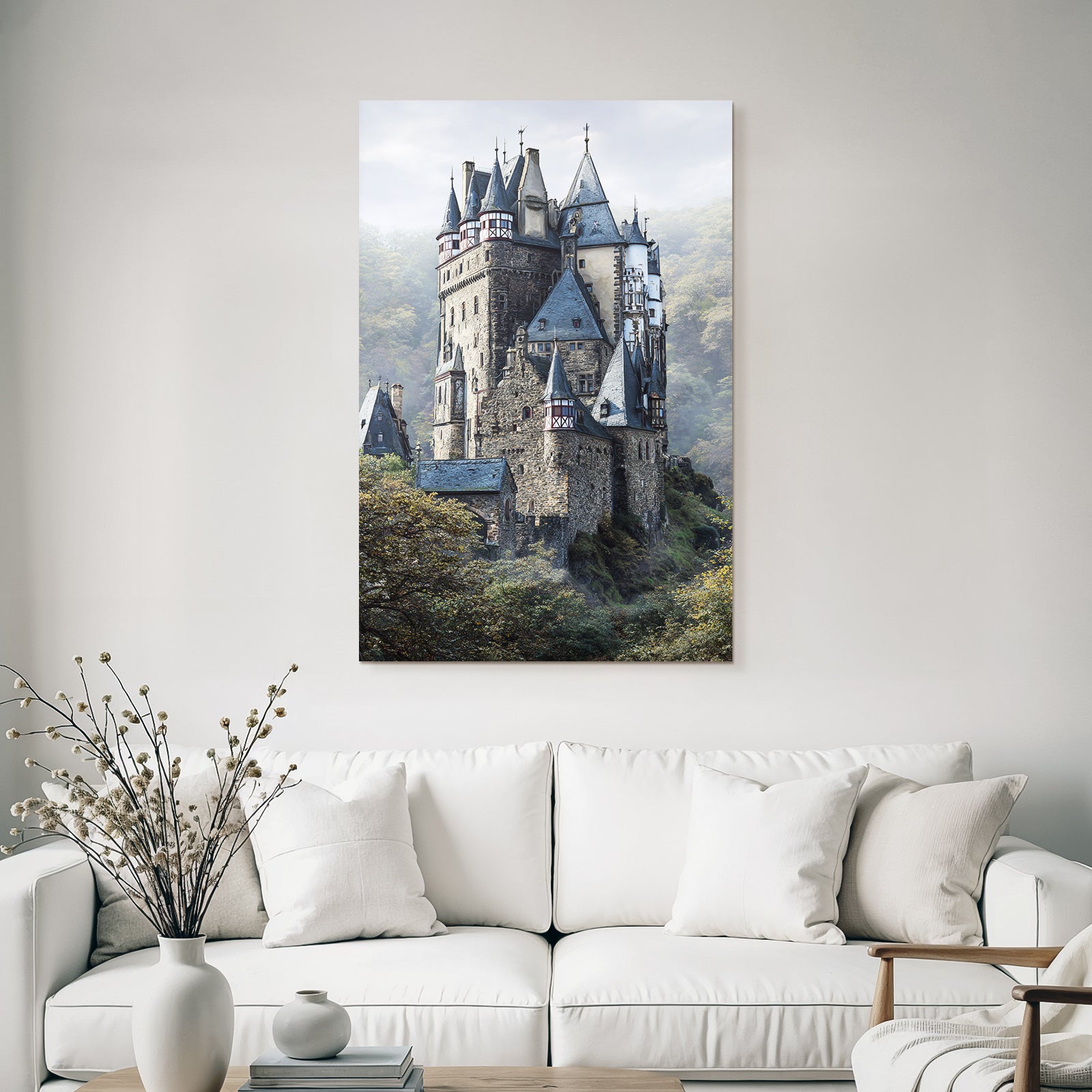 Picturesque castle with peaks surrounded by green landscape