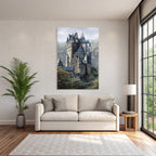 Picturesque castle with peaks surrounded by green landscape