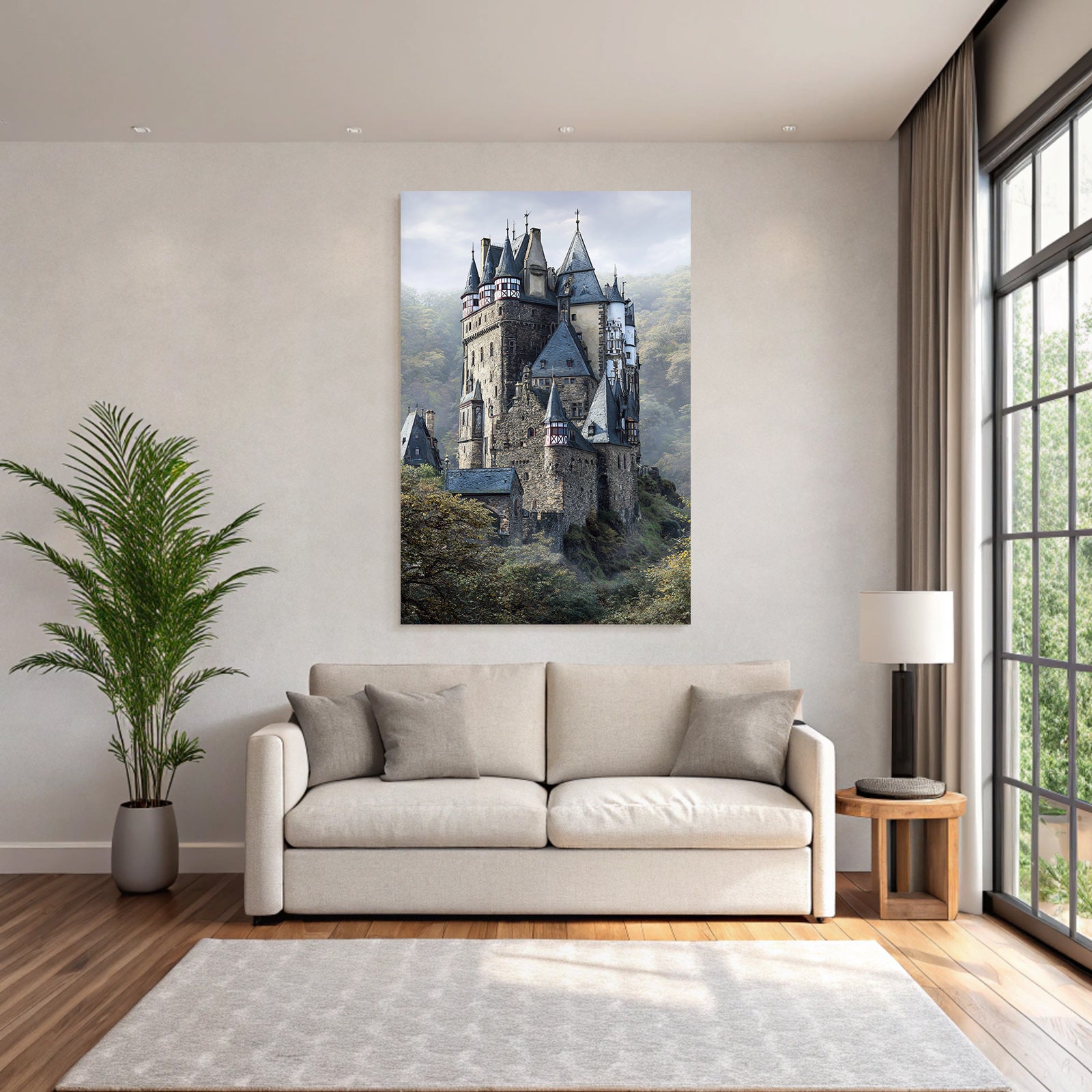 Picturesque castle with peaks surrounded by green landscape