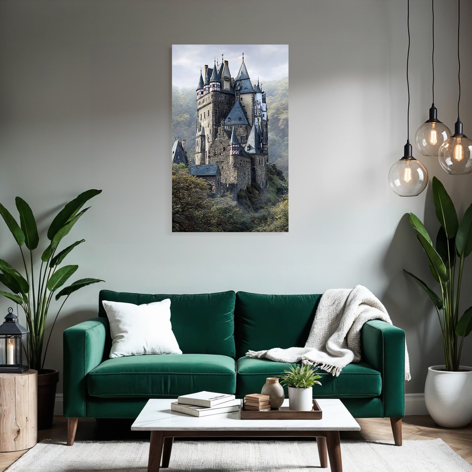 Picturesque castle with peaks surrounded by green landscape