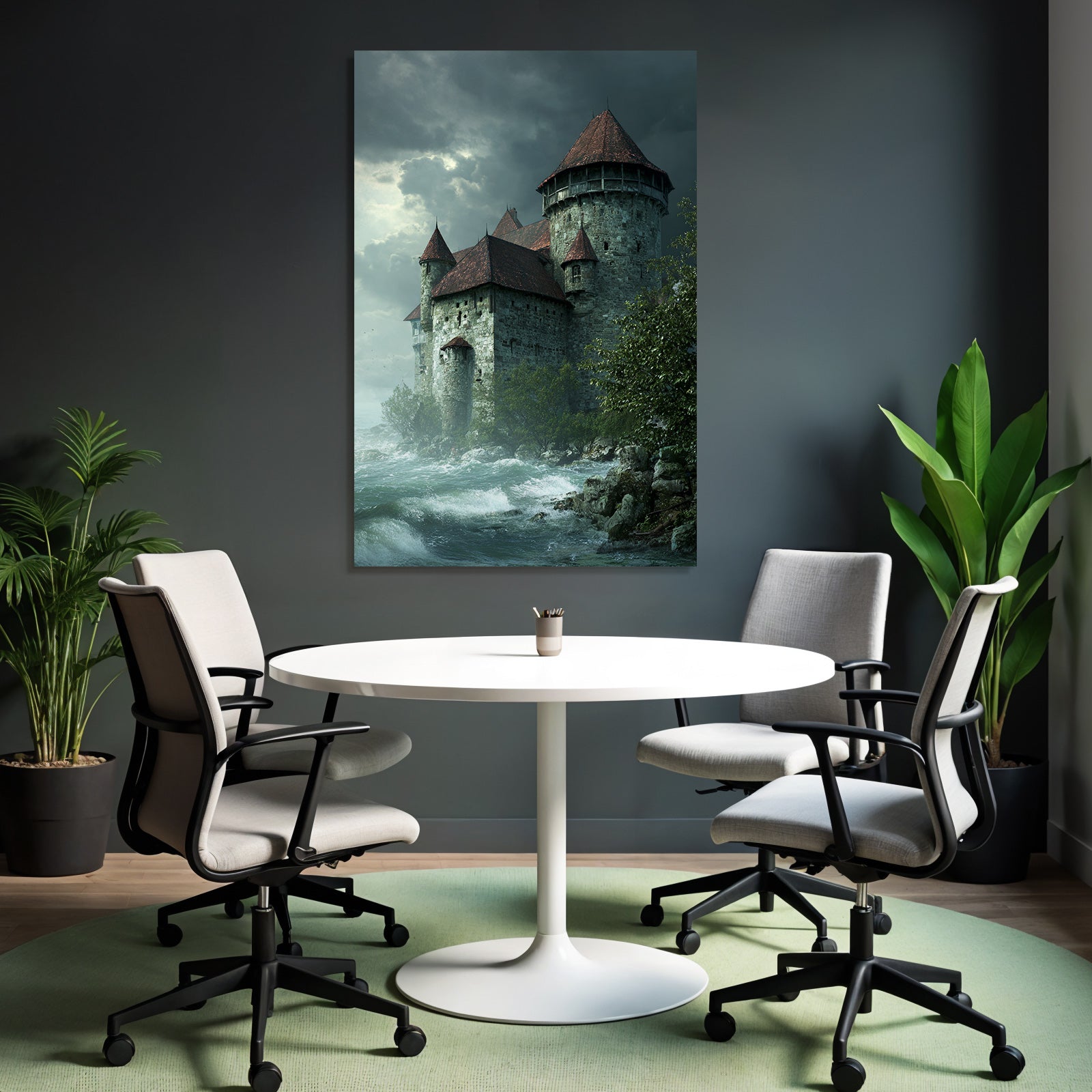 Medieval castle by stormy water under a cloudy sky