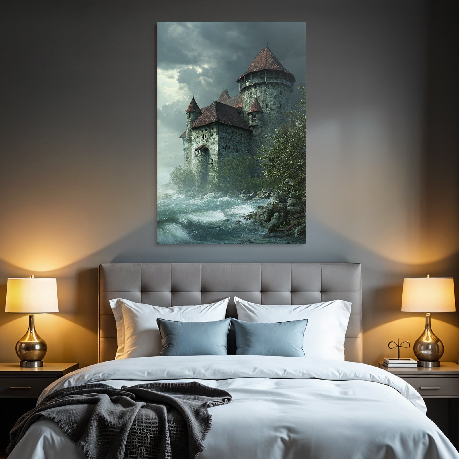 Medieval castle by stormy water under a cloudy sky