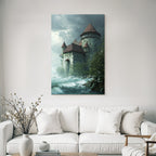 Medieval castle by stormy water under a cloudy sky